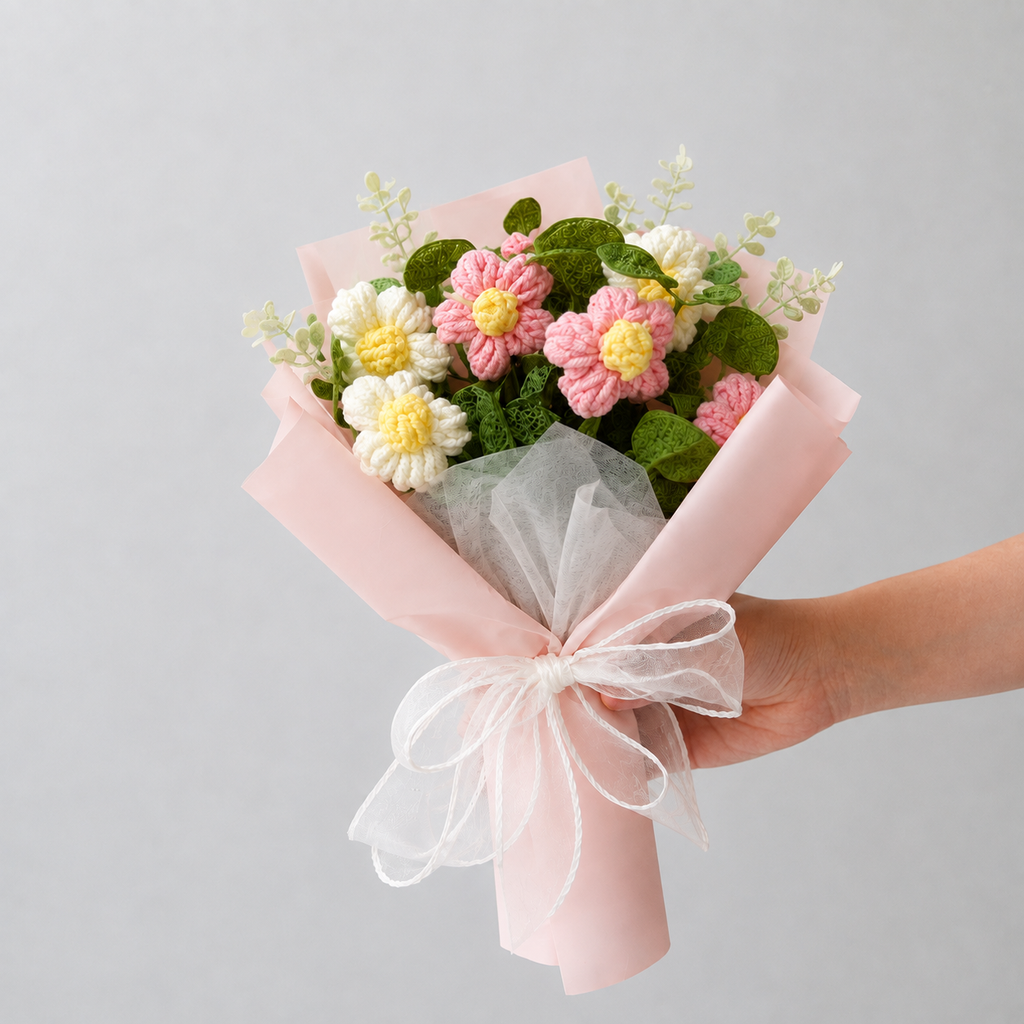 A hand holding a small bouquet of crocheted flowers wrapped in light pink paper with a white tulle ribbon, against a plain light gray background.