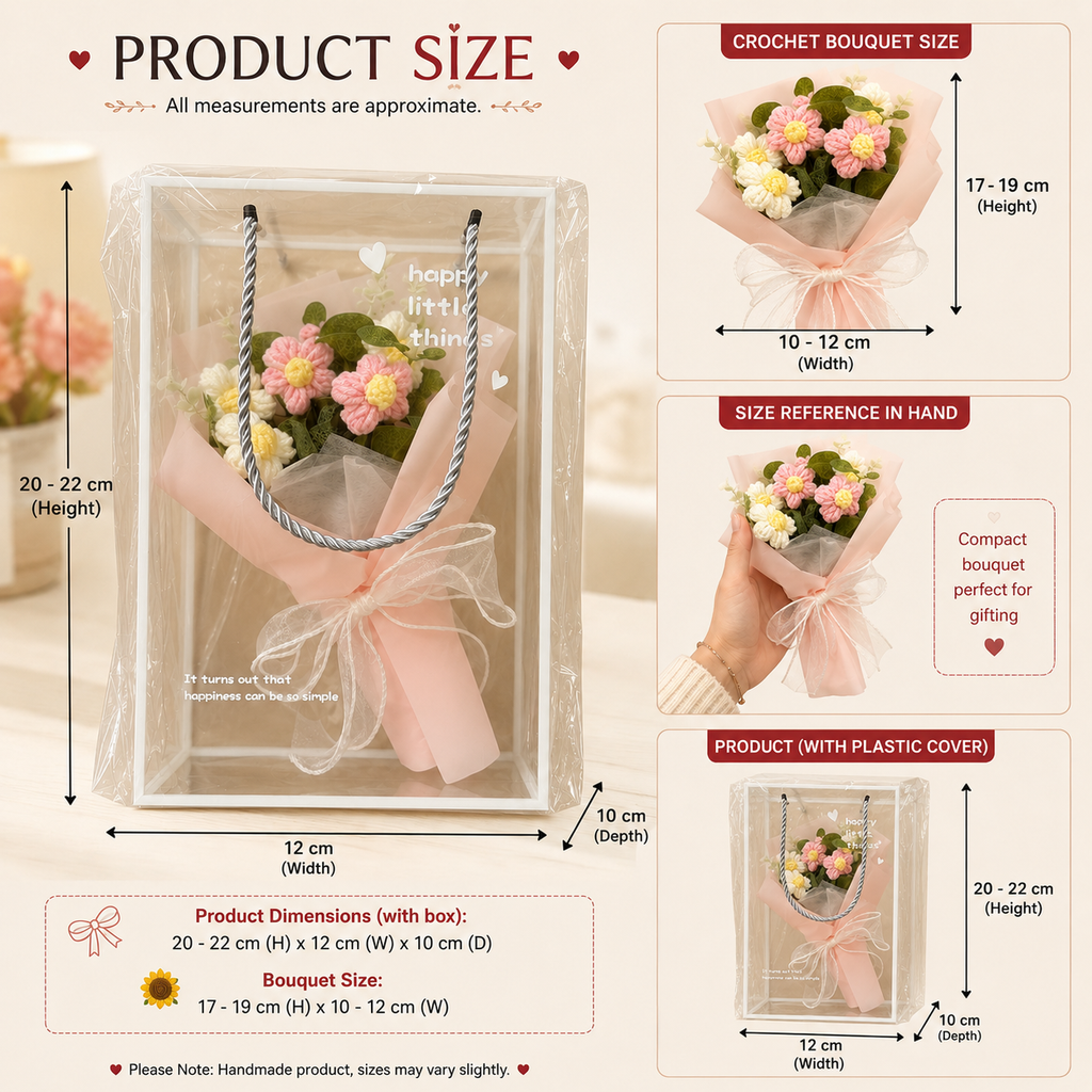 Product size and dimensions chart for a clear plastic flower bouquet gift bag. The main panel shows the bag with a pink wrapped bouquet and handles, with measurements labeled 20-22 cm height and 12 cm width.